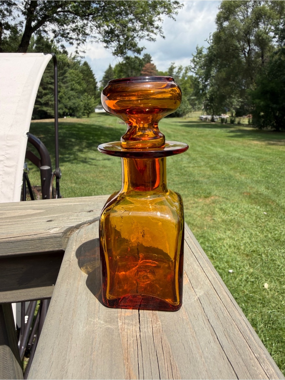 Vintage MCM Rainbow? Glass Square Amber Decanter W/ Stopper MCM Decor